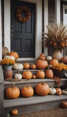 Festive Harvest Scene with Pumpkins, Gourds, and Cornstalks on a Rustic Porch
