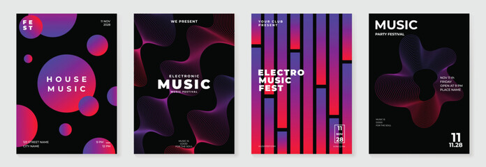 Music poster design background vector set. Electronic Sound Cover template with vibrant abstract gradient line wave and geometric shape. 