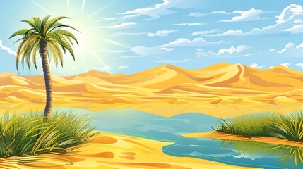 151. Vector illustration of an Egyptian desert oasis with a solitary palm tree, a serene lake, and green grass amidst the sandy dunes, capturing a summer Arabian landscape