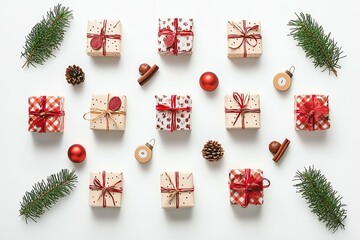 Christmas presents with red ribbons and pine branches on a white background.