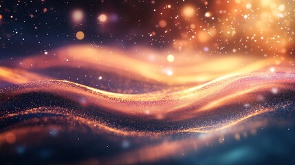 Obraz premium Abstract golden wave with sparkling particles and bokeh lights on a dark background.