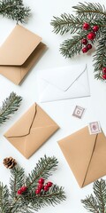 Envelopes and pine branches on a white background