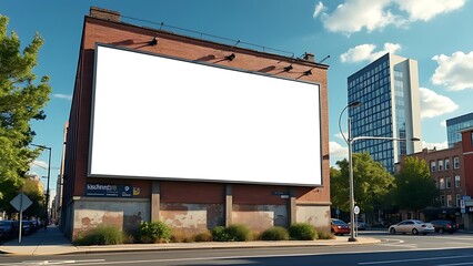 Fototapeta premium In an urban setting, a large horizontal billboard awaits advertising content, positioned in front of a building to catch the city's eye