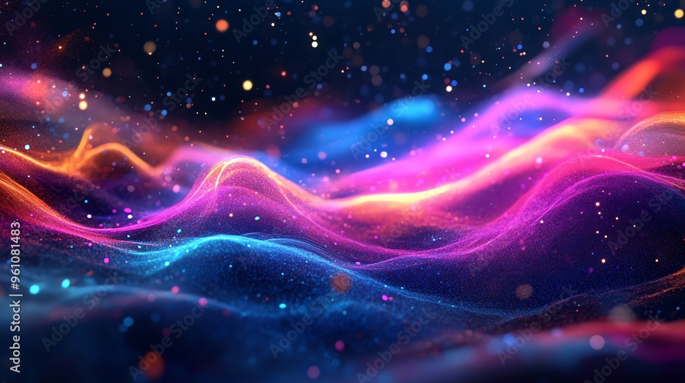 Poster abstract 3d render of colorful glowing waves and particles.