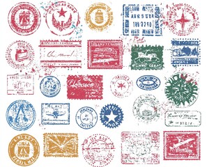 Obraz premium Vintage Christmas stamps with festive designs and grunge texture.