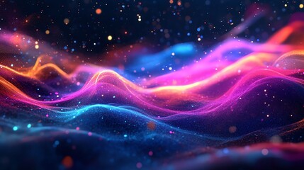 Abstract 3D render of colorful glowing waves and particles.