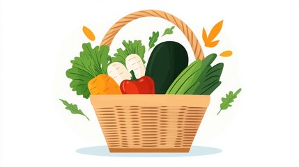 Illustration of a wicker basket filled with fresh vegetables such as carrots, bell peppers, zucchini, lettuce, and cabbage on a white background.