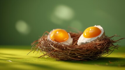 Fototapeta premium A close-up image of two bright egg yolks resting in a bird's nest against a vibrant green backdrop. The scene is natural and fresh, symbolizing new life and simplicity. Perfect for themes of nature