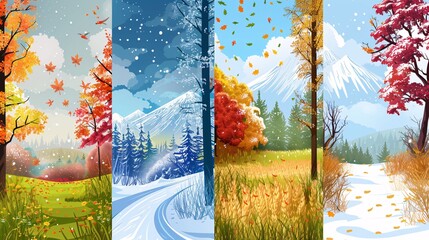 172. Detailed set of seasonal nature banners with vertical layouts, showcasing winter, spring, summer, and autumn scenes, perfect for text and seasonal promotions