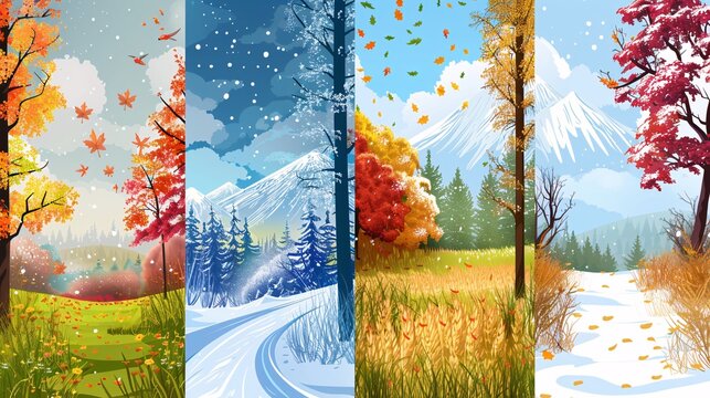 172. Detailed set of seasonal nature banners with vertical layouts, showcasing winter, spring, summer, and autumn scenes, perfect for text and seasonal promotions