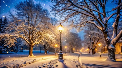 A serene winter scene with snow falling at night, illuminated by a street light, with trees in the foreground