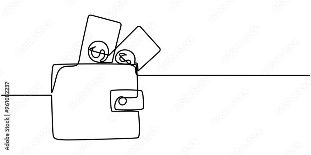 Poster one continuous line. wallet with banknotes. money in a leather wallet. flat minimal icon. one contin