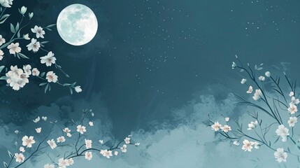 176. Watercolor landscape vector featuring delicate branches with green leaves, adorned with vintage-style flowers and cherry blossoms under a serene moonlit sky