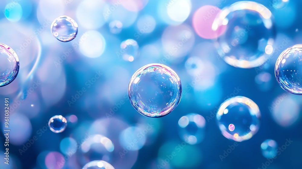 Poster close-up of colorful soap bubbles floating against a blue, bokeh background.