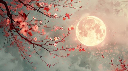 178. Artistic natural landscape with watercolor texture, highlighting a branch with leaves and flowers in a vintage style, complemented by cherry blossoms and a glowing moon