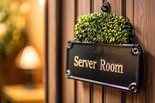 A decorative sign stating "Server Room" in modern sans serif font, placed at the door of a dedicated area for high-performance servers 