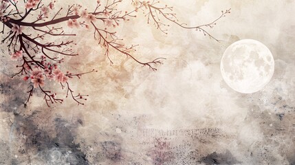 180. Serene watercolor background with natural landscape elements, showcasing a vintage-style branch with leaves, cherry blossoms, and a delicate moon