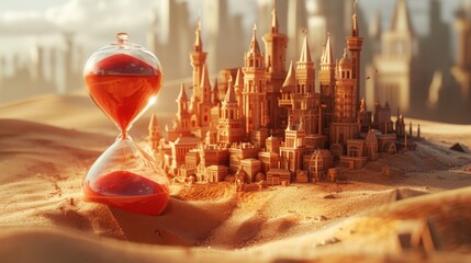 A majestic sandcastle stands in a sunlit desert, symbolizing the passage of time with a large hourglass beside it. The warm tones and detailed architecture evoke a sense of nostalgia and the fleeting