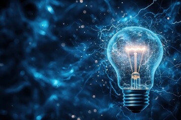 A glowing light bulb surrounded by electric energy and blue background.