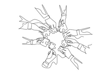 Continuous one line drawing of male and female business team members unite puzzle pieces together to one as team building symbol. Employee teamwork. Single line draw design vector graphic illustration