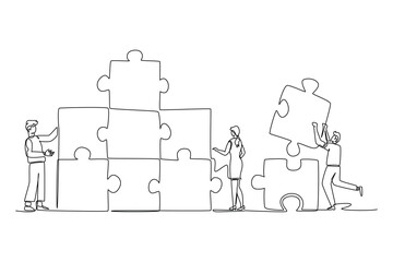 Continuous one line drawing group of young business people arrange puzzle pieces to build strong building. Collaboration business teamwork concept. Single line draw design vector graphic illustration