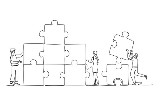 recommend clip art: Continuous one line drawing group of young business people arrange puzzle pieces to build strong building. Collaboration business teamwork concept. Single line draw design vector graphic illustration