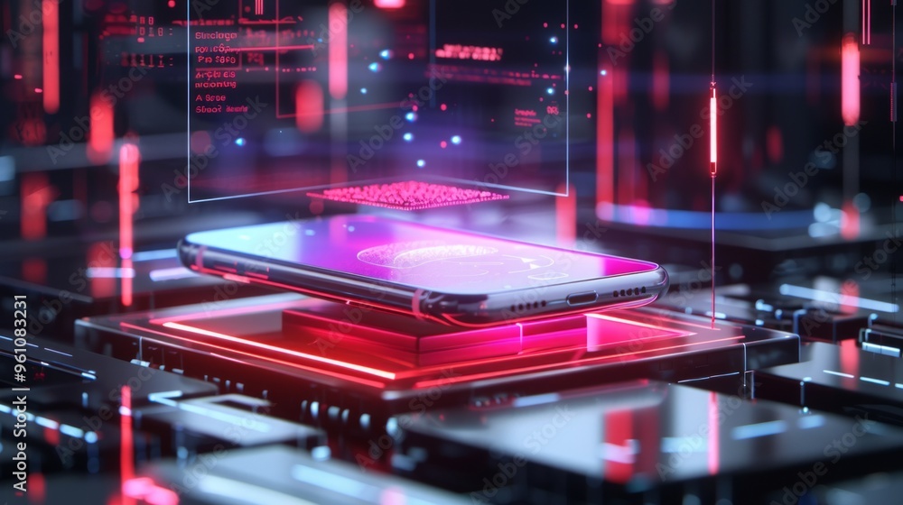 Poster smartphone with digital fingerprint scan on futuristic platform