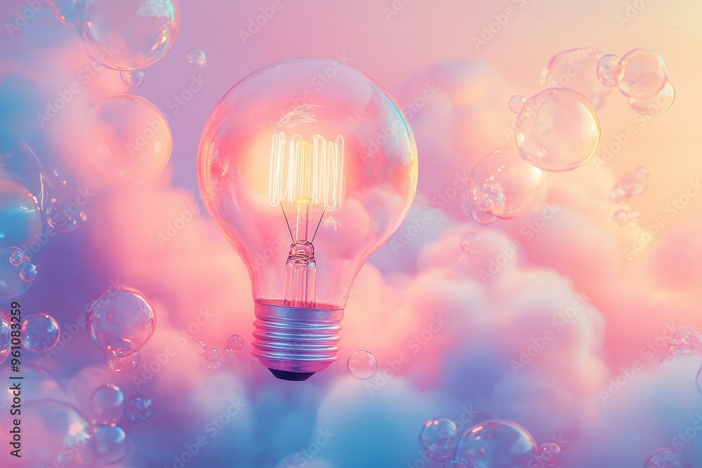 Aufkleber a glowing light bulb surrounded by soft clouds and bubbles, creating a dreamy atmosphere.