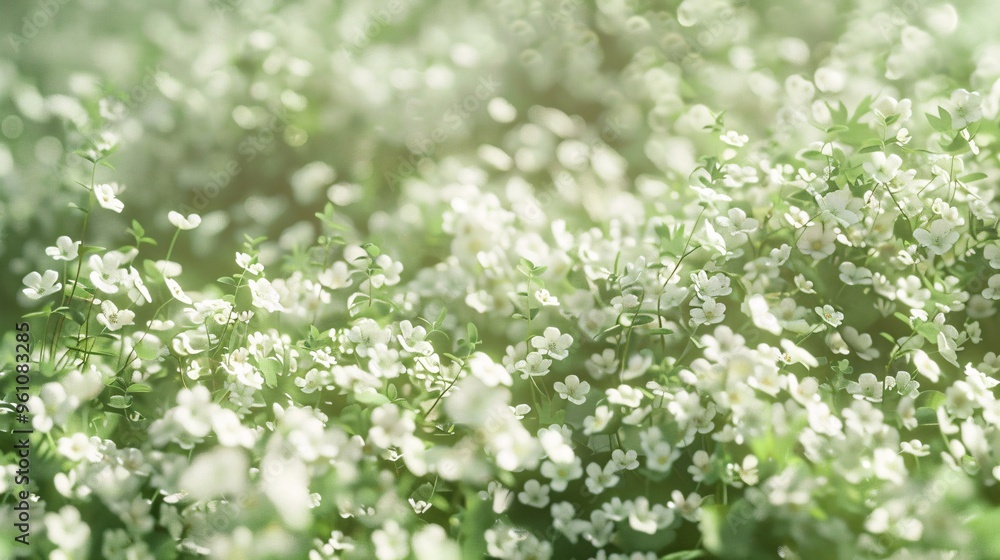 Wall mural 193. Lush spring garden scene with an abundance of small white flowers, rendered in soft focus to create a tranquil, abstract summer background