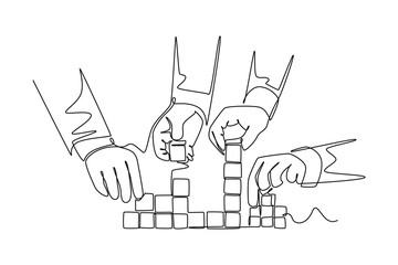 Single continuous line drawing business team member arrange wooden cube block become strong tower, together to improve team building. Teamwork concept. One line draw graphic design vector illustration