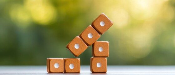 A stack of wooden blocks with a white dot on each one