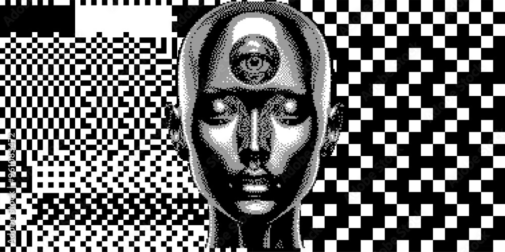 Poster glitchy and distorted human face appearing out of pixel noise. a conceptual illustration on artifici