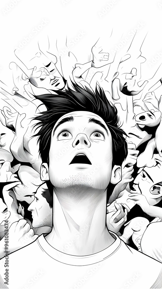 Poster insecure man in a crowded room - doodle style abstract concept with soft mood and clear focus