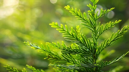 196. Closeup of young Thuja twigs with fresh green leaves, set against a blurred background, capturing the essence of spring nature and evergreen vitality