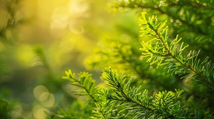 Fototapeta premium 197. Detailed closeup of Thuja branches with vibrant green leaves, highlighting the freshness of spring nature with a soft, blurred background