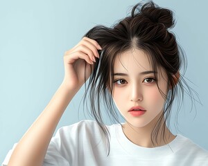 Fototapeta premium Shy Woman Playing with Hair in Doodle Style on Pastel Background - Soft Mood Close-Up with Clear Light and Sharp Focus