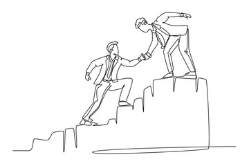 Single continuous line drawing young energetic businessman holding hands his partner to help climbing the hill. Teamwork support and collaboration concept. One line graphic design vector illustration