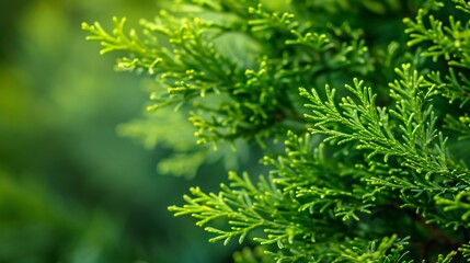 197. Detailed closeup of Thuja branches with vibrant green leaves, highlighting the freshness of spring nature with a soft, blurred background