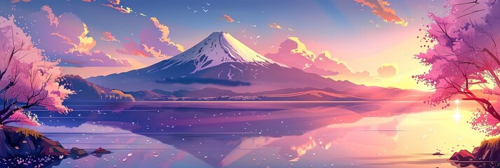 Japanese landscapes illustration backdrop background, cartoon anime style