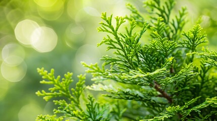 200. Fresh closeup of Thuja twigs with bright green leaves, presented with a blurred background to capture the essence of spring and evergreen growth