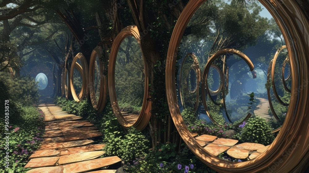 Poster an enchanting forest path lined with large, golden circular portals that seem to invite exploration.