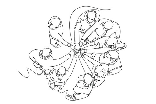Single one line drawing top view of group young happy business people unite their hands together to form circle shape symbol. Teamwork concept. Continuous line draw design graphic vector illustration