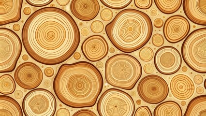 A stylized illustration of a wood-grain pattern, featuring a repeating design of tree rings, knots, and wood textures, in a natural color palette, on a warm, beige background t