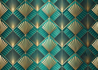 Create a repeating pattern of geometric shapes and metallic accents, set against a rich turquoise background with subtle gradient effect, evoking the opulence of the Roaring Twenties.