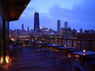 Empty Chicago rooftop restaurant bar club cityscape night skyline event backdrop party venue empty tables candlelight urban background recession poor nightlife entertainment copy space advert lonely 