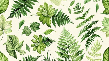 214. Seamless design of fern and ivy leaves, intricately detailed to highlight natural forms and textures, set against a light background