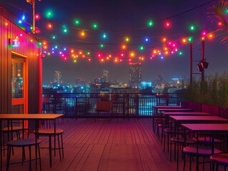 Vibrant rooftop club pub bar night scene colorful rainbow string glow lights empty blank tables city skyline event venue celebration event backdrop mockup background banner advert date nightlife ad