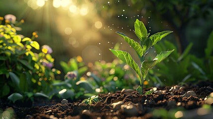 232. Sunlit garden scene with a young green plant, moist soil, and small pebbles, sunlight streaming down, and a blurred backdrop of garden plants