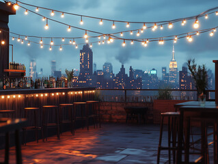 Moody rooftop bar pub club string lights New York City skyline background evening ambience empty event space event backdrop mockup banner NYC advert party planning planner wedding birthday inspo vibe 