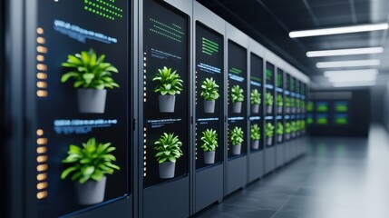 Obraz premium Modern data center featuring server racks decorated with potted green plants, blending technology and sustainability in a futuristic environment.